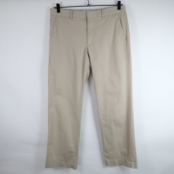 Express Producer Mens 33x32 Beige Pinstripes Flat Front Dress Pants - Picture 2 of 10